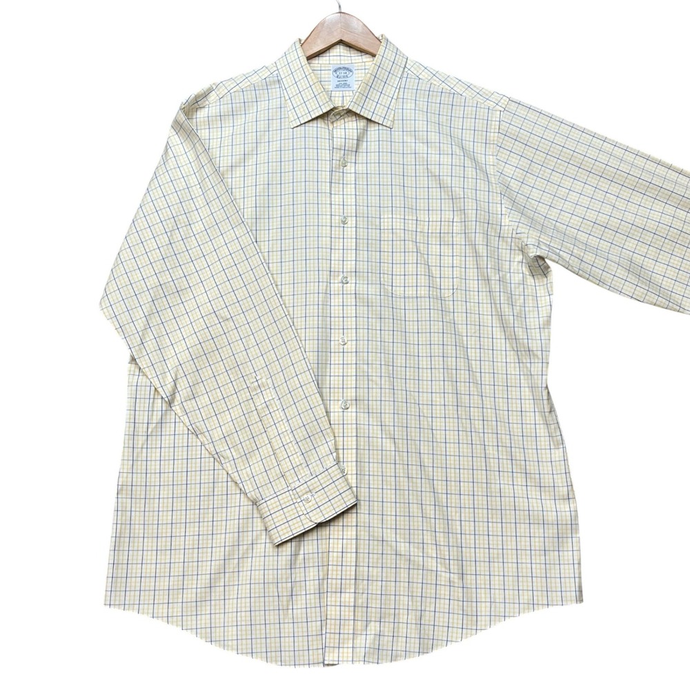 Brooks Brothers Regent Dress Button Down Shirt Mens 17 34 Yellow Tattersall EUC
